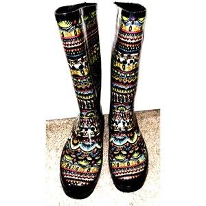 Sakroots Woman's Peace Sign Black Faux Fur Lined Rubber Rain Snow Boots SIZE 8